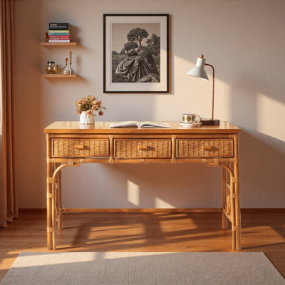 Durable Ash Wood Rattan Three-drawer Writing Desk