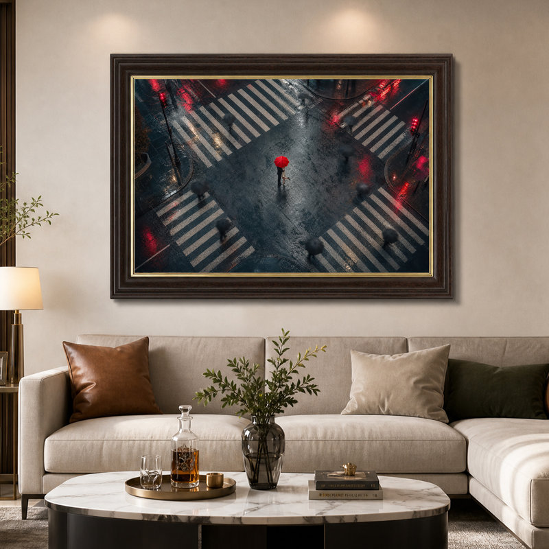 Couple avec parapluie rouge à une intersection sous la pluie - Tableau sur toile, 16"H x 24"W