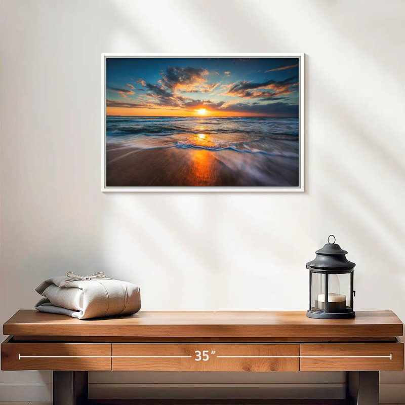 Été, océan, lever de soleil, Cadre flottant blanc, 19 po x 13 po