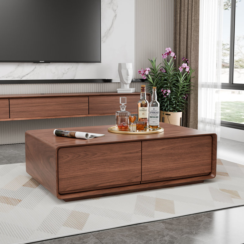 Table basse sur pied moderne entièrement fabriquée à la main de 47 po avec finition en placage de bois de noyer massif et 4 tiroirs