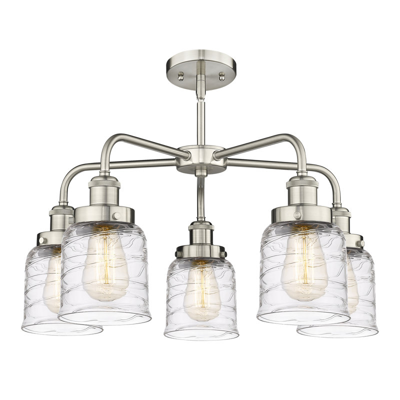 Lustre en verre à 5 lumières Bell, Tourbillon déco transparent, Nickel satiné