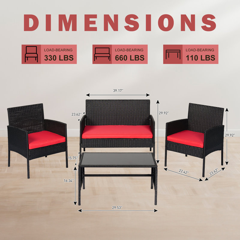 Ensemble de conversation avec canapé et coussins en rotin 4 pièces, Rouge
