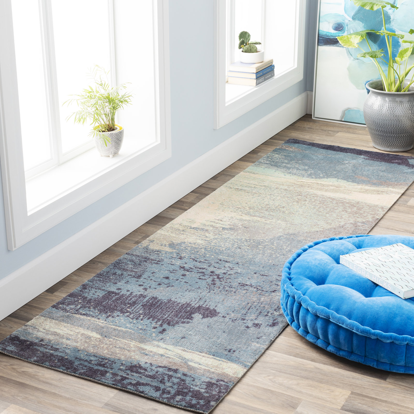 Zeta Blue Gray Beige Abstract Rug, Runner 2'6" x 8'