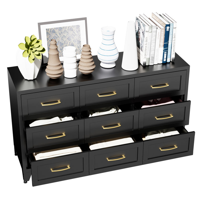 9-Drawer Metal Dresser for Bedroom, Black Steel Chest of Drawers with Wide Profile