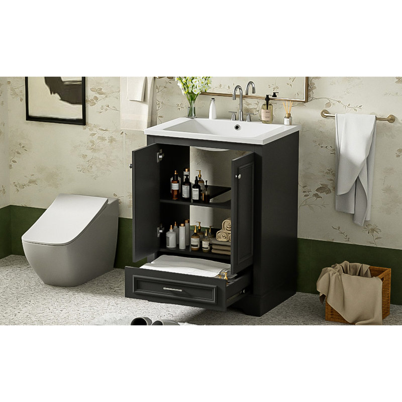 Meuble-lavabo moderne de 24 po avec lavabo en céramique - armoire noire, solutions de rangement pratiques, style évier à poignées argentées, rangement polyvalent, poignée, construction robuste, spacieuse, fonctionnelle