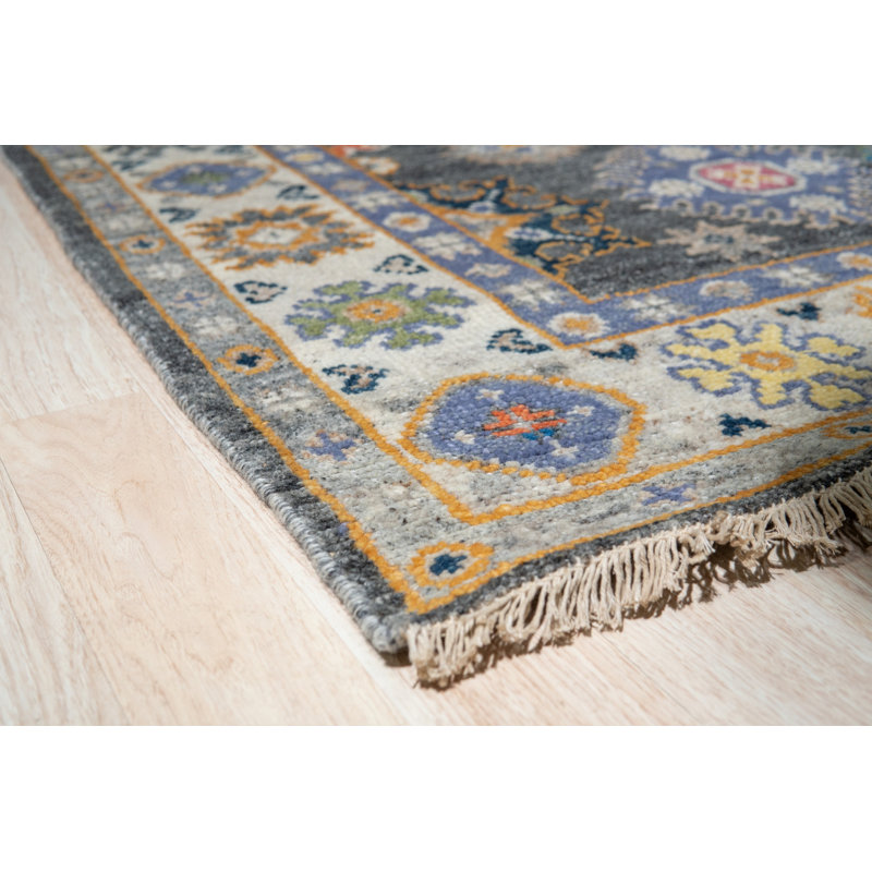 Tapis traditionnel gris en laine noué à la main gris anthracite Lila, Rectangle de 10 pi x 14 pi
