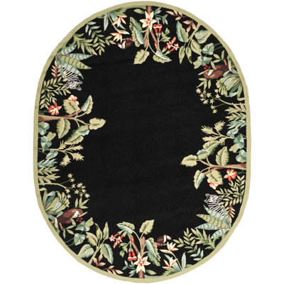 Tapis noir / vert en laine crocheté à la main à motif floral Hogle