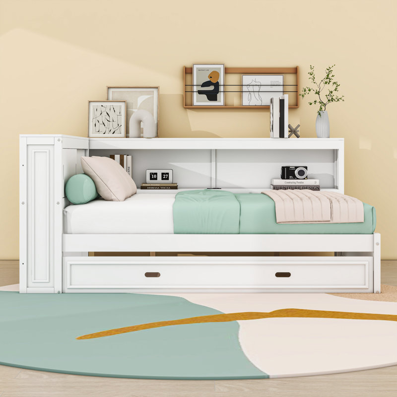 Full Size Wood Daybed with Twin Trundle, LED Lighting and Built-In Charging Station, White