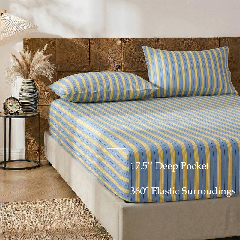 Blue & Yellow Striped Sheet Set King Size, 100% Cotton Fitted Sheet Set with Deep Pockets, Crisp Cool Feeling, Ribbon Stripes Design, 4-Piece All Season Bedding