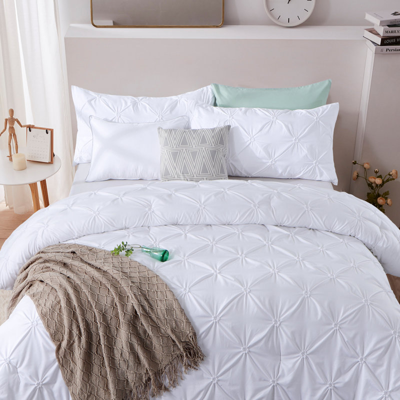 Suniya Pintuck Comforter Set, Blanc, Édredon simple + 1 taie décorative pour lit simp