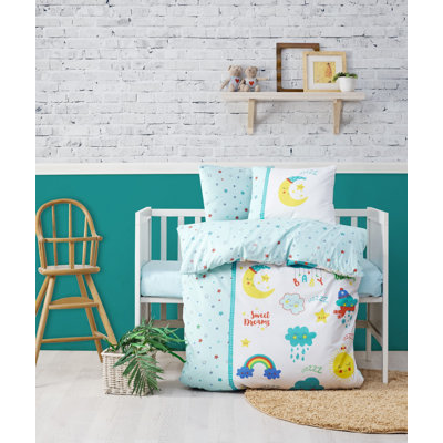 Ensemble de housse de couette pour bébé Premium Ranforce, blanc et menthe | 100% coton, housse de couette 39,4 x 59,1 pouces, drap plat 47,2 x 59,1 pouces, taies d'oreiller 13,8 x 17,7 pouces (2 pièces) | Lavable à la machine, impression de pigment élégante, fermeture à boutons durable