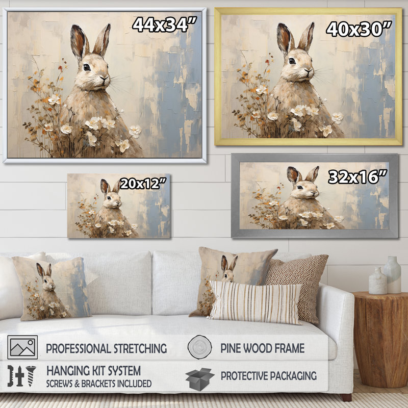 «Bunny S Curious Flower Charm I - Rabbit», art mural, Cadre flottant blanc, H 24 po x l 32 po x P 1 po