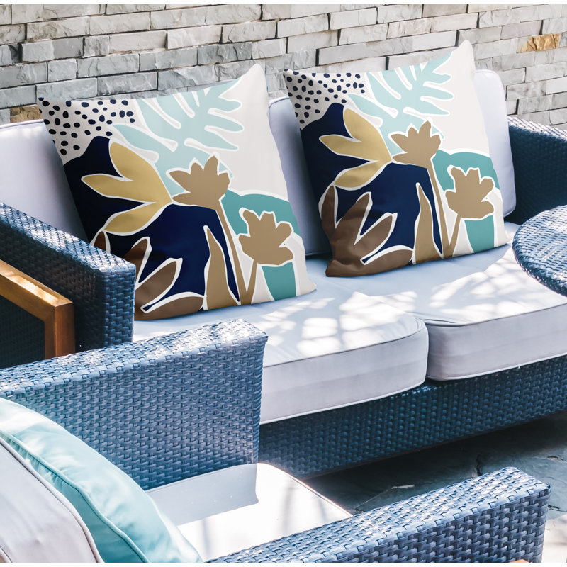 Jeté carré en polyester / mélange de polyester intérieur / extérieur, L 17 po x H 17 po, Turquoise / bleu marine / beige