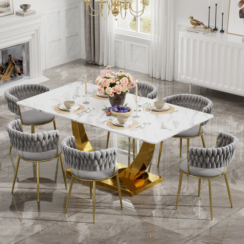 Rectangular Pedestal Dining Set with Modern Weaven Velvet Dininig Chair, Table, 6 Chairs, Gray