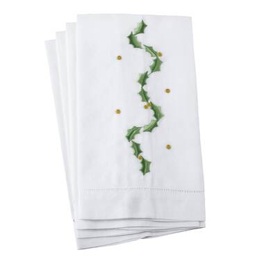Set of 4 Hemstitched Linen Hand Towels with Embroidered Dot Rows