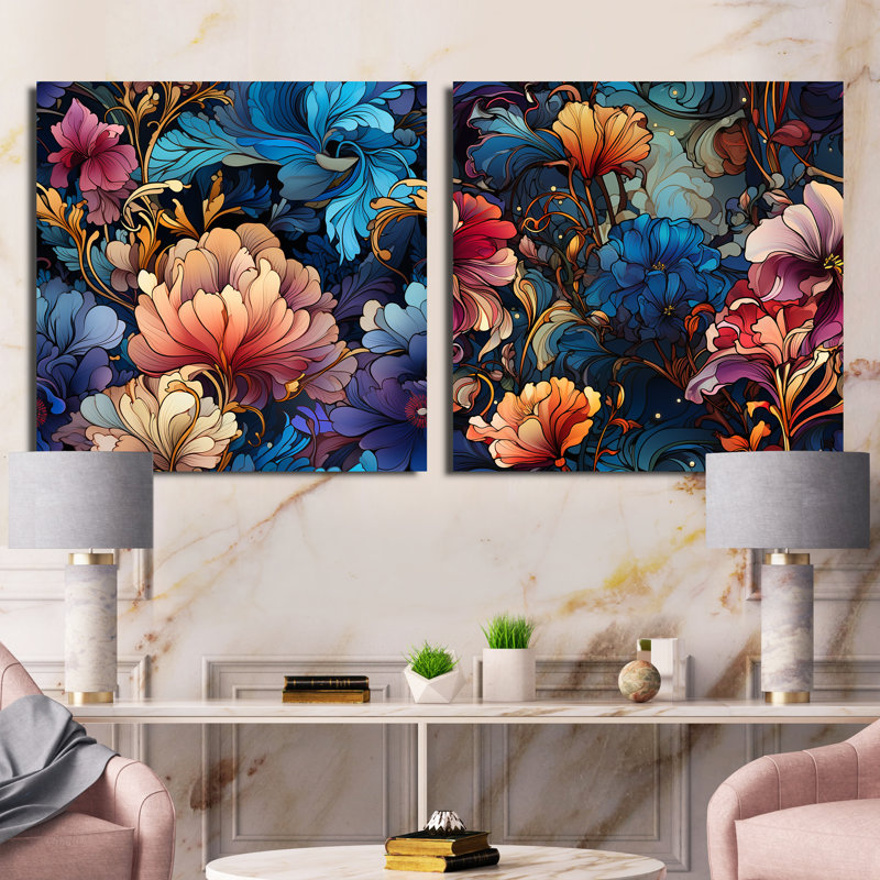 Kaleen - Ensemble de 2 collages floraux carrés, H 16 po x l 33 po, Toile tendue