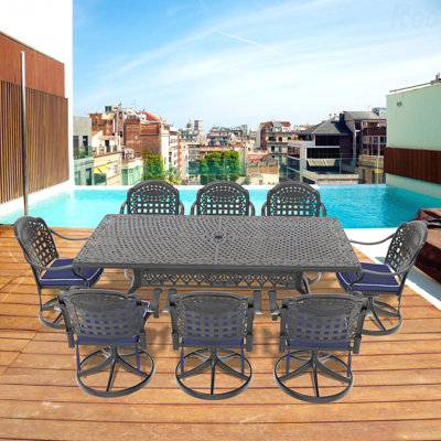 Ensemble de salle à manger 7 pièces en fonte d'aluminium toutes saisons comprenant 6 chaises pivotantes et une table rectangulaire avec cadre noir