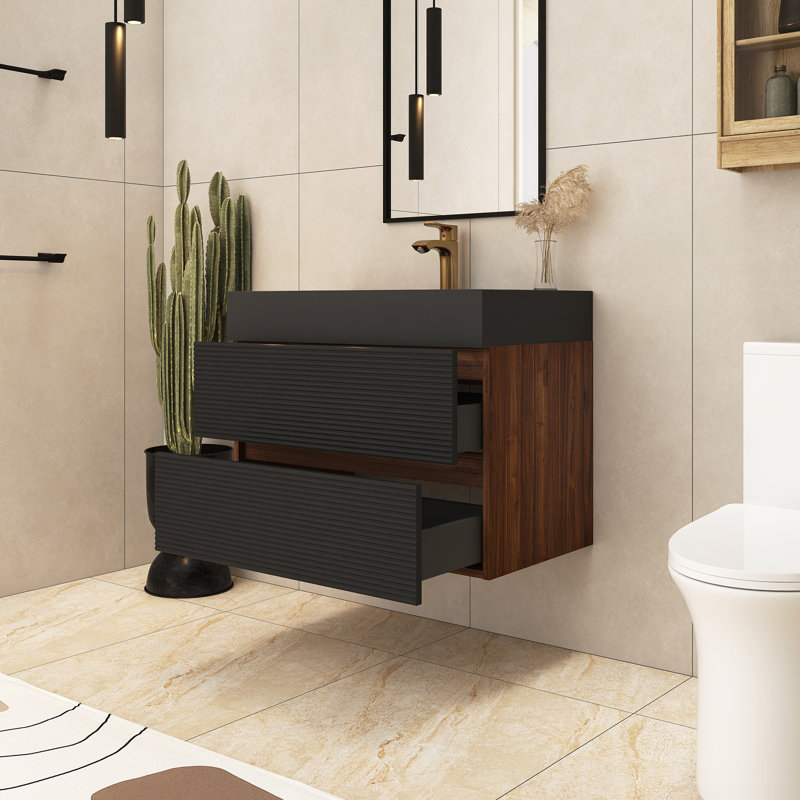 Meuble-lavabo mural simple 30 po avec comptoir en quartz 30 po, 30", Noir/noyer