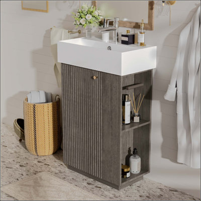meuble-lavabo de salle de bain avec lavabo en céramique, armoire moderne autoportante à grain de bois avec rangement ouvert et fermé
