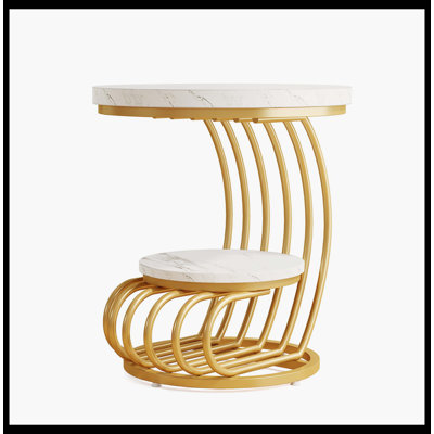 Table de bout ronde, table d'appoint en faux marbre 2 niveaux avec tablette de rangement