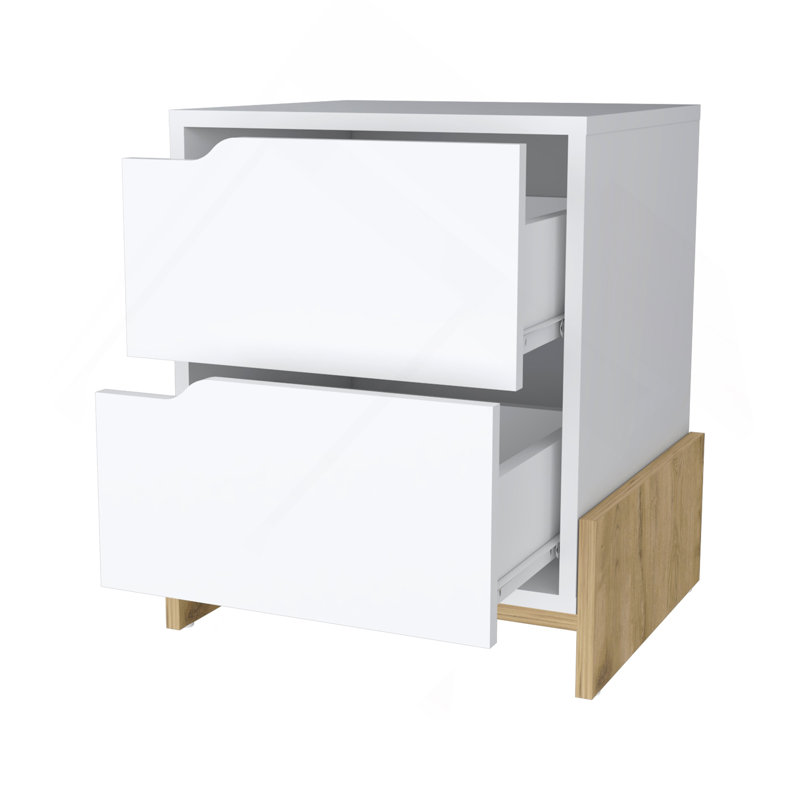 Table de chevet 2 tiroirs Ralston en blanc et macadamia, Blanc / Brun