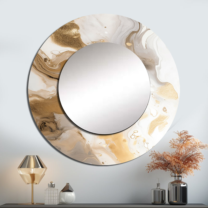 Parand Gold And Grey A Marble Effect IV - Marble Wall Mirror, Gold Round Decorative Mirror, Printed Metal Art, 29" x 29"