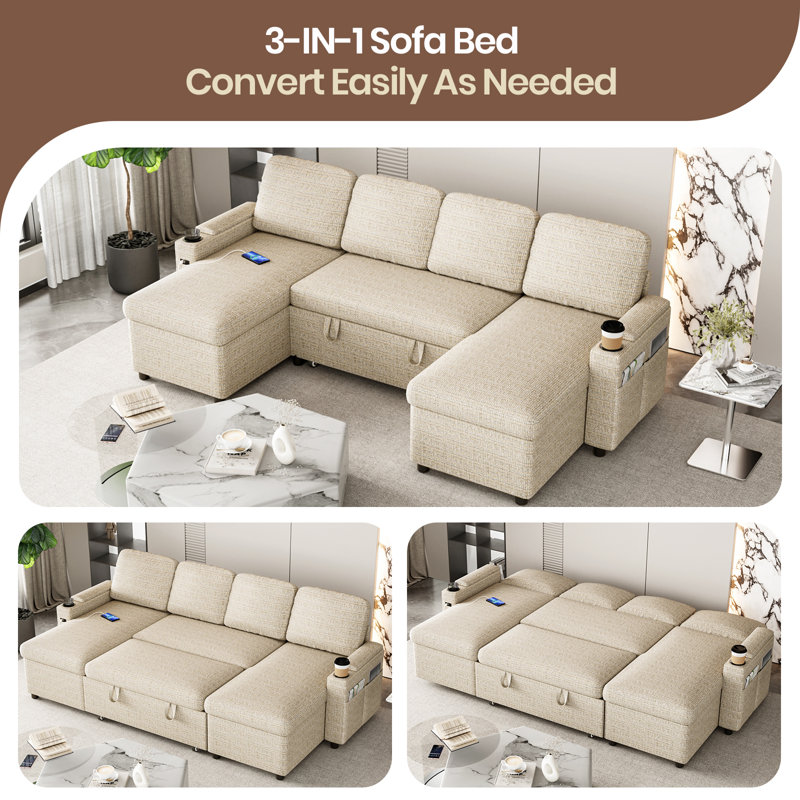 Corner Sofa Bed, U-Shaped Sleeper Sectional Couch Bed, 3-In-1 Convertible Pull Out Sofa Bed With Adjustable Backrest, Storage, Usb And Cup Holder For Living Room