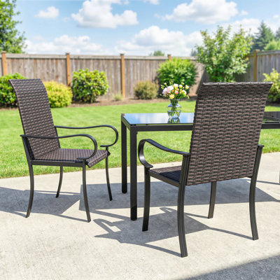 Ensemble de 4 chaises de salle à manger d'extérieur en osier, fauteuils en rotin toutes saisons avec accoudoirs, structure en acier, dossier haut et sièges profonds, pour le jardin, le patio, la terrasse, la cour, le bord de la piscine