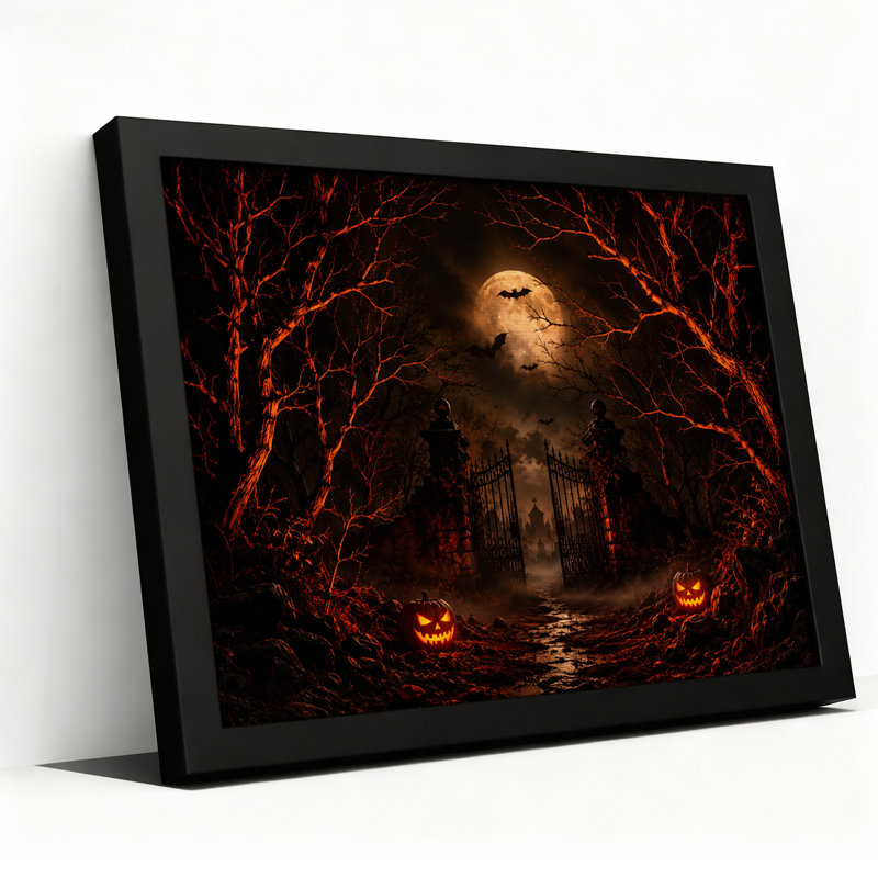 «Jack O Lanterns At Haunted Gate with Bats Under Halloween», art mural sur toile, H 24 po x l 36 po