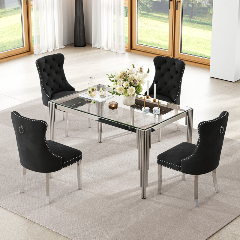 5-Piece Modern Glass Dining Table Set, 52.76" Rectangular Tempered Glass Top, Polished Irregular Round Tube Stainless Steel Legs, 4 Velvet Upholstered Stainless Steel Dining Chairs