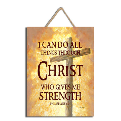 Panneau en bois avec support à corde «All Things Through Christ»