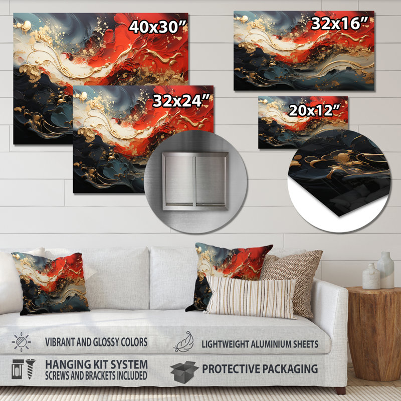 Rouge et or feu de marbre VI - art mural abstrait en métal MT137144, H 30 po x l 40 po x P 1,5 po
