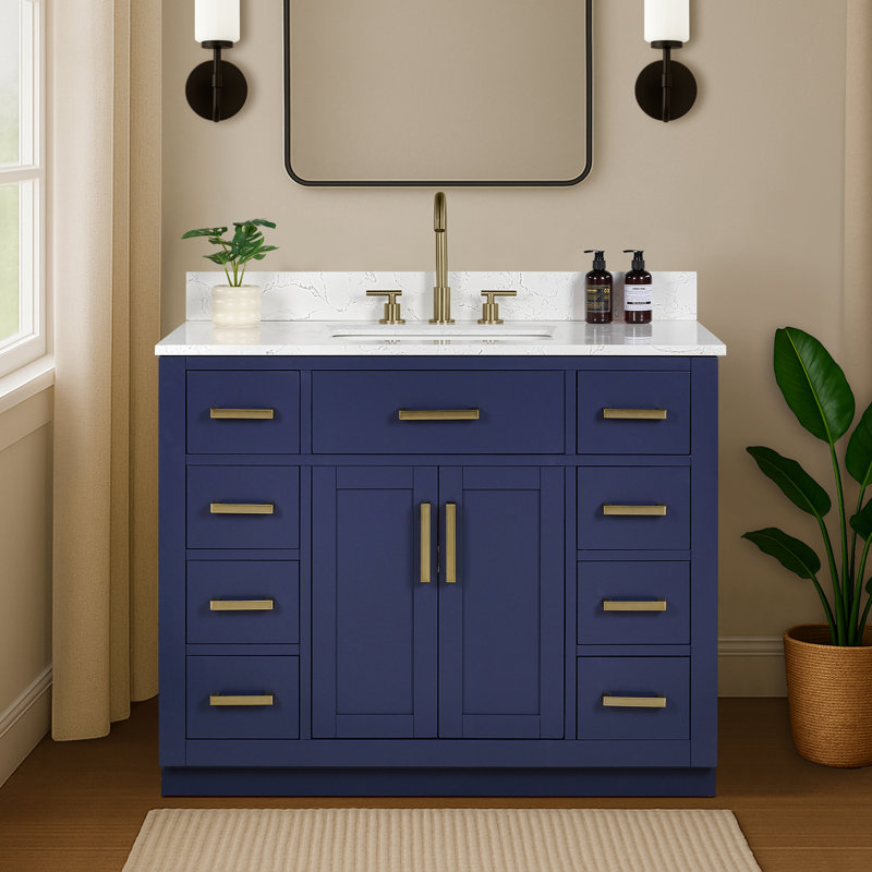 42'' Single Bathroom Vanity with Drawer, Shelf, Outlet, and Engineered Marble Top, Light Brown Oak, 42''
