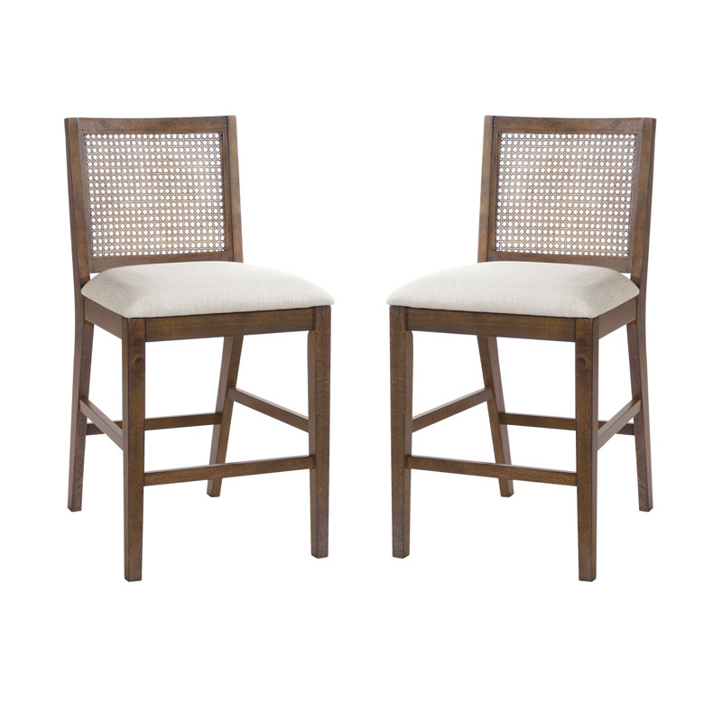 Calista Modern Coastal Rattan & Rubberwood Counter Stools with Handwoven Backrest and Upholstered Cushion