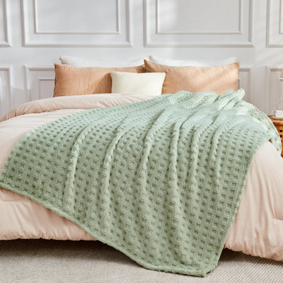 NEWCOSPLAY Super Soft Throw Blanket Sage Green Premium Silky Flannel Fleece 3D Waffle Checkered Lightweight Bed Blanket All Season Use (Sage Green Waffle, Throw(50"x70"))