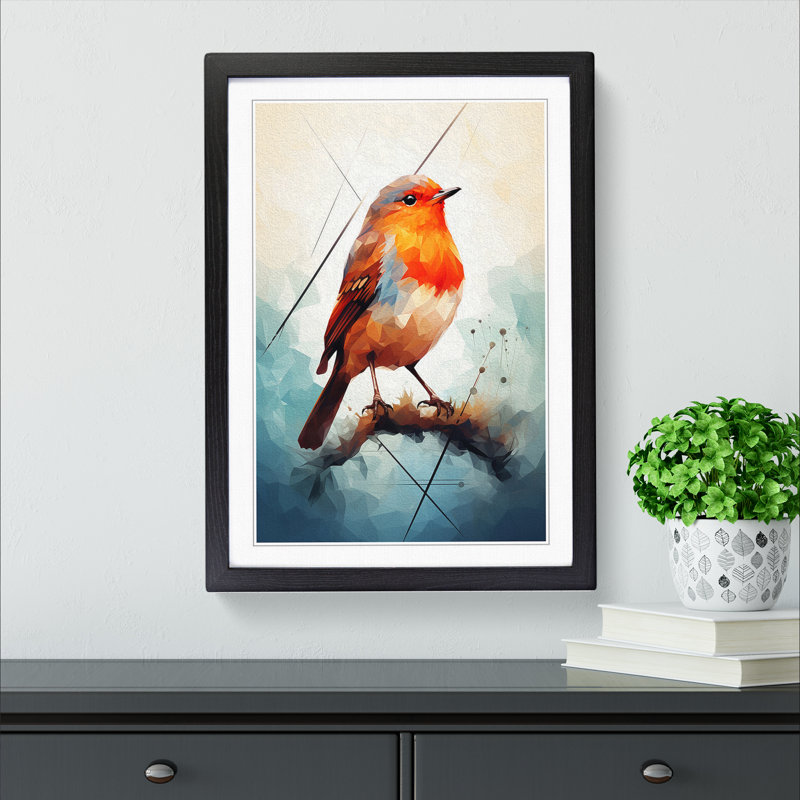 Robin Bird Geometric - Single Picture Frame Print on Wood, 64cm H x 46cm W x 2cm D, Black Framed
