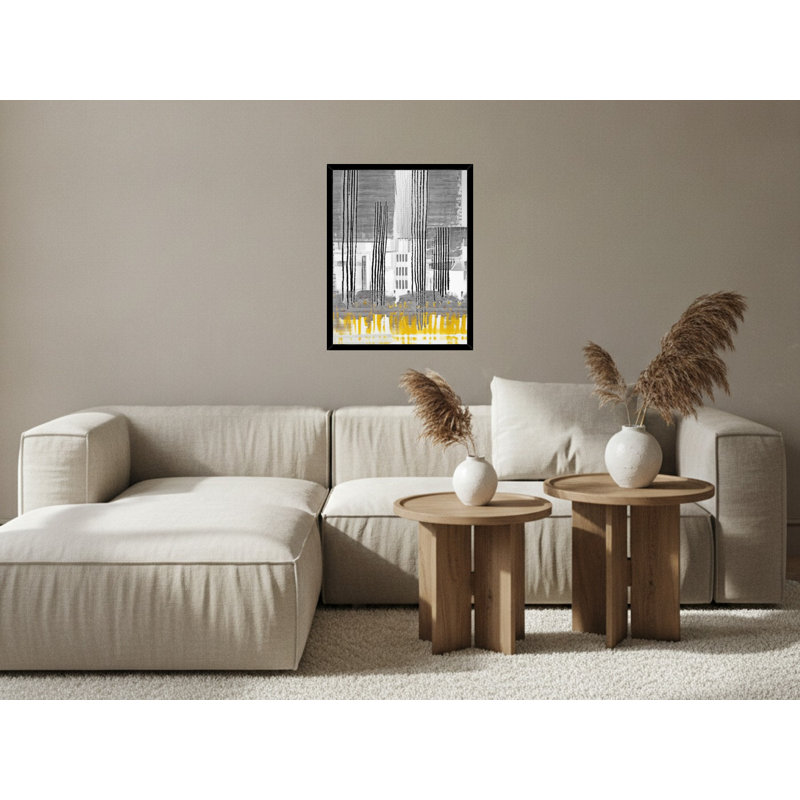 Abstrait urbain urbain en gris et jaune - Art mural sur toile encadrée, 28" H x 22" W, Black