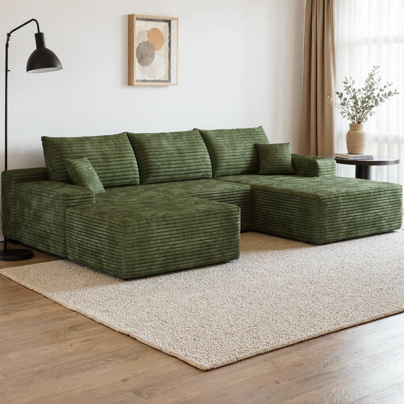 Boneless 107" U-Shaped Cloud Sectional Sofa with Ottoman, Plush Corduroy Fabric Deep Seat Corner Couch, Modern Minimalist Living Room Furniture, No Assembly Required