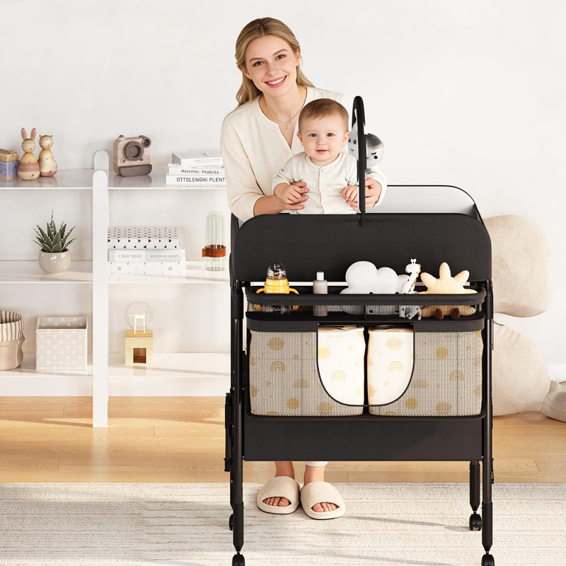 Table à langer pour bébé à hauteur ajustable avec roulettes - compacte, tiroirs, coussin imperméable, structure robuste - portable, organisateur de chambre de bébé peu encombrante - noir