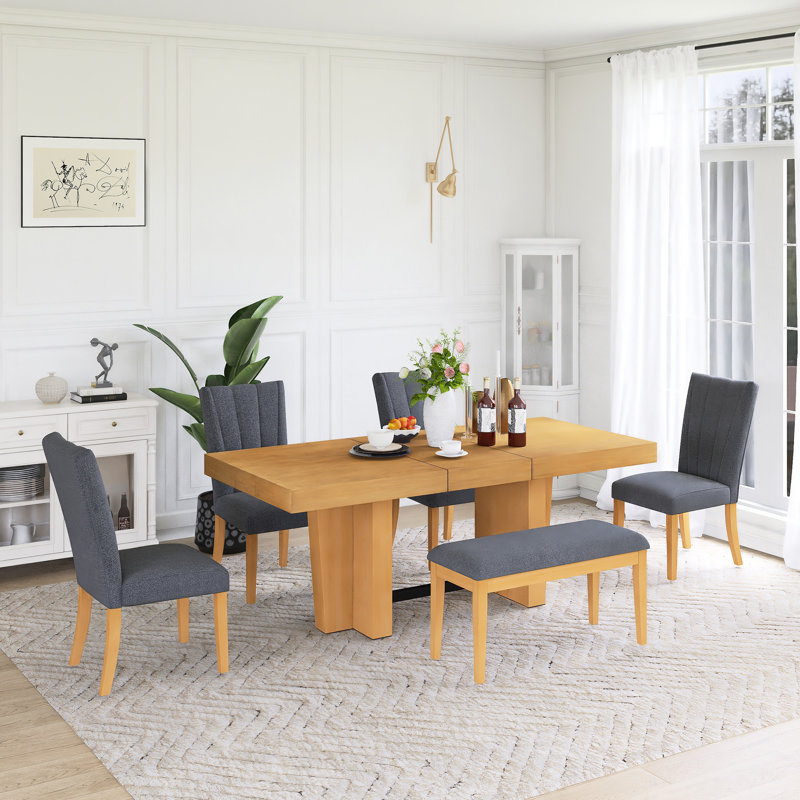 Ensemble de table de salle à manger extensible en bois massif 6 pièces avec banc, Brun, Gris