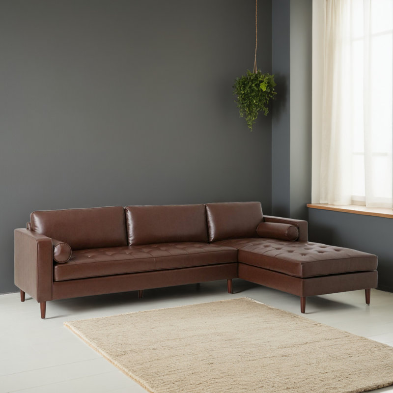 Canapé modulaire en L de 2 pièces rembourré faisant face à la droite pour le salon, Simili cuir brun foncé