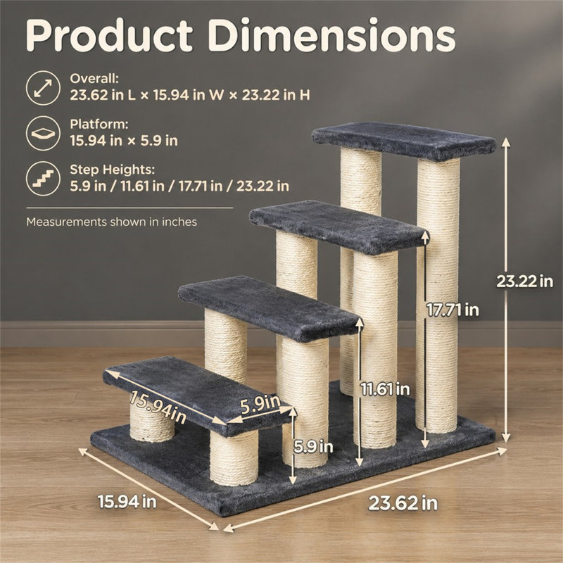 4 Step Pet Stairs for Bed, Grey Dog & Cat Ladder with Sisal Scratching Posts, Particle Board Faux Fur Pet Step for Small Pets