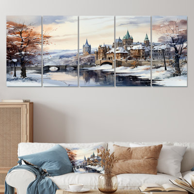 «Wonderful Village Winter At Christmas I - Winter Landscape», art mural 5 pièces pour le salon