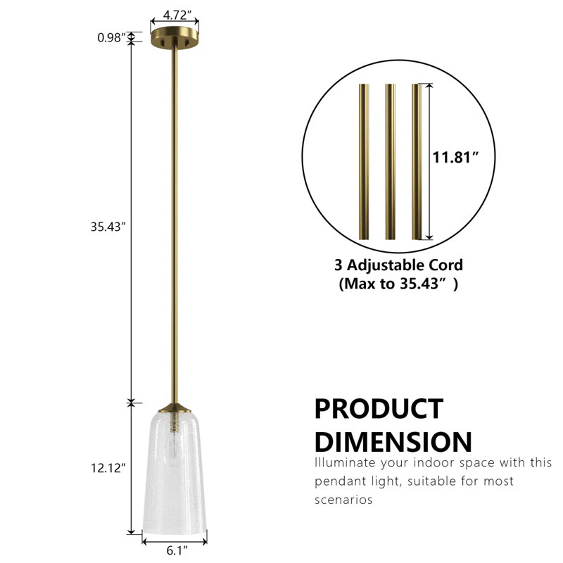 Luminaire suspendu en forme de cloche à intensité variable 1 lumière 6,1 "avec abat-jour en verre