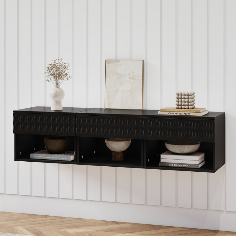 Set Of 2 Nightstand With Minimalist Wall-Mounted Cabinet: Drawer, Open Shelf, 3-Section Slides, Carved Surface, Anti-Shaking, For Bedroom/Living Room/Office