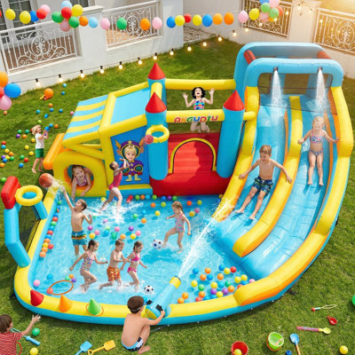 19-in-1 Inflatable Water Slide, 15.8 FT Blow-Up Bounce House Water Park with 2 Slides & Hoops, Pool, Soccer Gate, Shop-Stand, Water Cannon, Photography, Dart Ball Kit, Jumping
