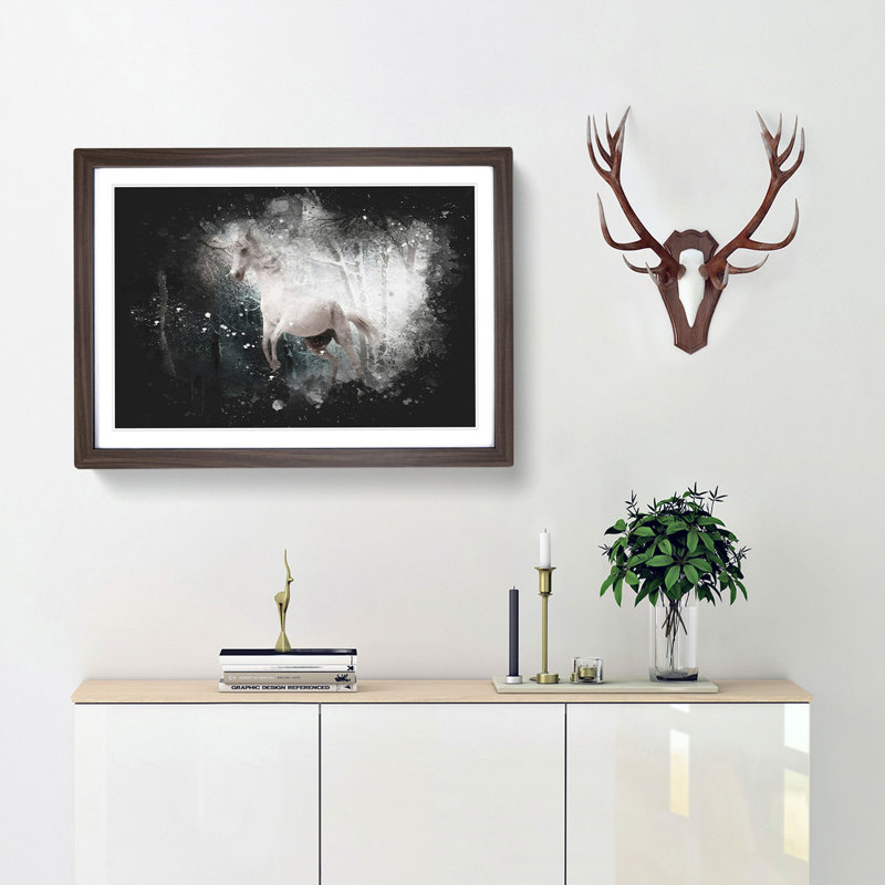 White Horse Rearing in a Winter Forest - Picture Frame Graphic Art Print, 62cm H x 87cm W x 2cm D, Walnut Framed