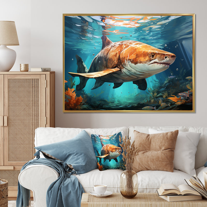 «Grey Teal Shark Underwater Symphony» sur impression sur toile, Cadre flottant doré, H 34 po x l 44 po