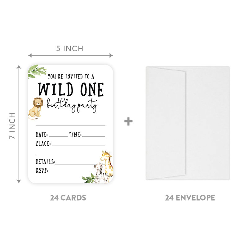 Invitation de fête d'anniversaire avec enveloppes, animaux de Woodland Safari, 5 x 7 pouces