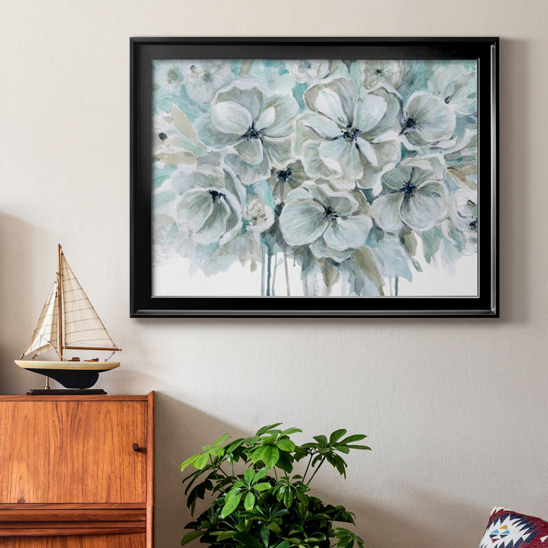 Bleu sarcelle harmonie I - peinture encadrée, H 26,5 po x l 36,5 po x P 1,5 po, Toile avec cadre noir, Pas de tapis